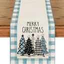 Artoid Mode Bule Watercolor Buffalo Plaid Christmas Trees Merry Xmas Table Runner, Seasonal Winter Holiday Kitchen Dining Table Decoration for Indoor Outdoor Home Party Decor 13 x 120 Inch (Multi Color/Light Blue)
