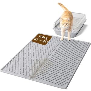 Cat Litter Mat with Grooves & Raised Edge,Urineproof/Waterproof,Litter Scattering Control,Easy to Clean (31 * 24in-Grey-1)