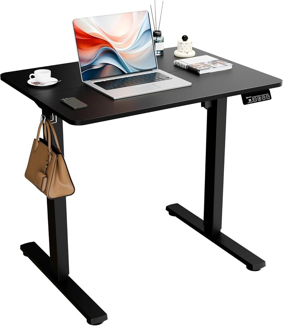 Electric Standing Desk, 31.5" x 23.6" Height Adjustable Sit Stand Desk with Splice Board for Home Office, Computer Desk Memory Preset (Black Frame, Black Desktop) (32-inch)