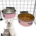 Dog Crate Food and Water Bowl 2Pcs Small Pet Hanging Kennel Removable Dish Feeding Cup No Spill with Holder for Medium Large Size Cat Puppy (Pink, 5.5''X2.3''&6.3‘’X2.5'')