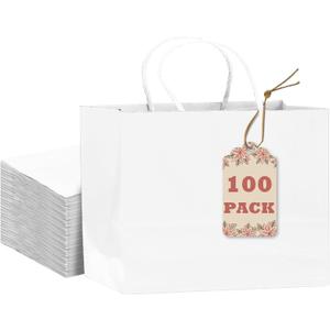 qiqee 13"x4.5"x10" Large Gift Bag with Handles 100PCS Gift Paper Bags White Bags Multiple Uses (Wide Large)