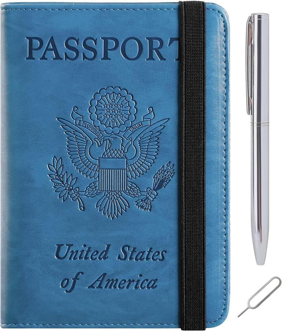 Passport Holder Cover Wallet Travel Essentials RFID Blocking Leather Card Case International Must Haves Travel Accessories for Women Men(113#Blue)