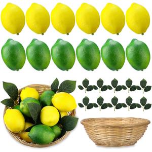 12 Pcs Fake Lemon Limes Artificial Fruits Yellow Green Faux Lemon Limes 3" x 2" Mix Set with 10 Leaves and 1 Woven Basket Lifelike Fake Fruits Decor for Kitchen Party Table Photo Prop