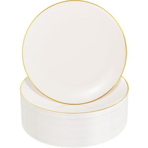 Nervure 100Pcs Ivory and Gold Plastic Plates - 10.25inch Disposable Ivory Dinner Plates - Heavy Duty Plastic Plate Ideal for Wedding & Party