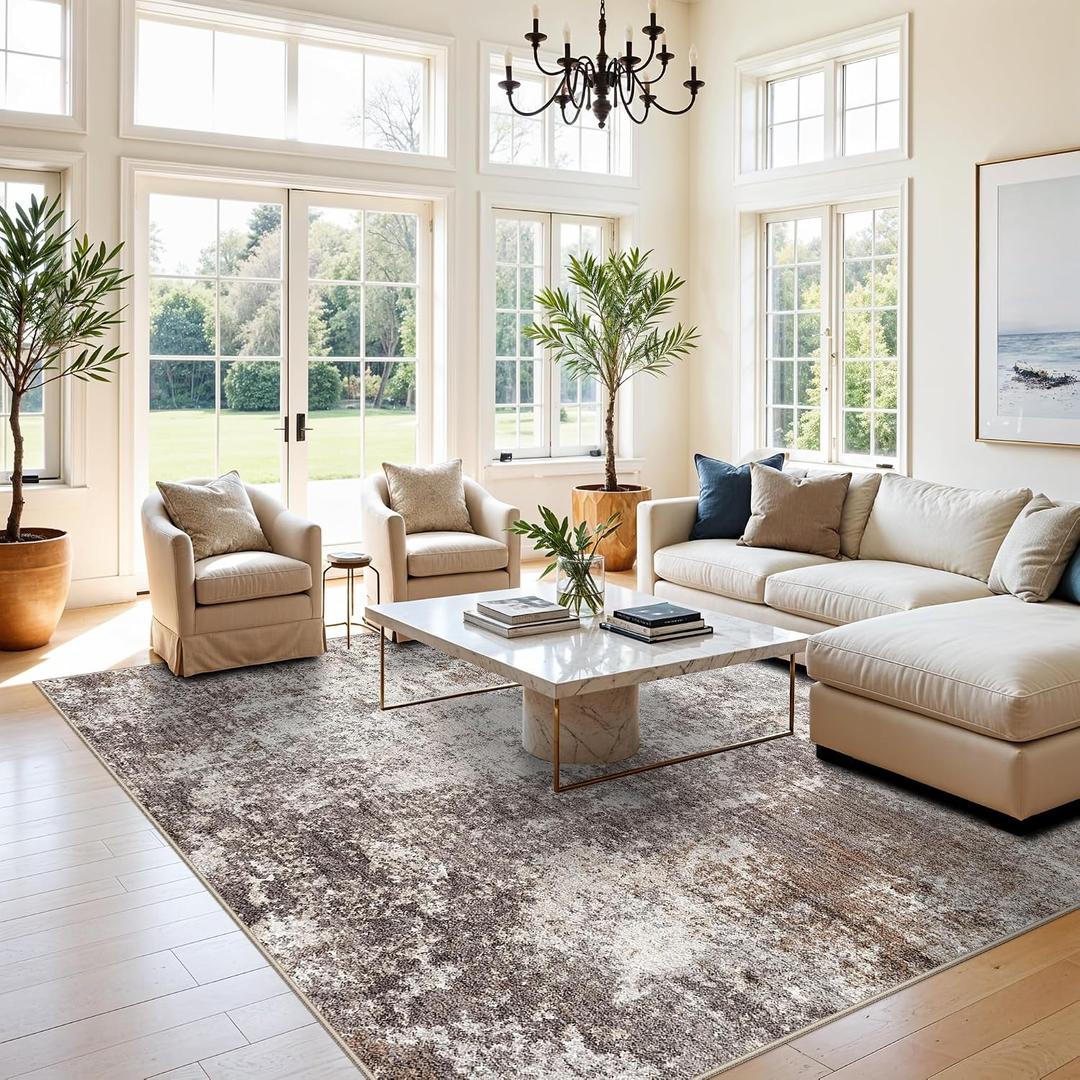 8x8 Square Living Room Area Rug – Washable Modern Neutral Abstract Indoor Rug for Bedroom, Dining Room, Kitchen – Non-Slip Soft Low-Pile Floor Carpet (Brown Beige,8x8)