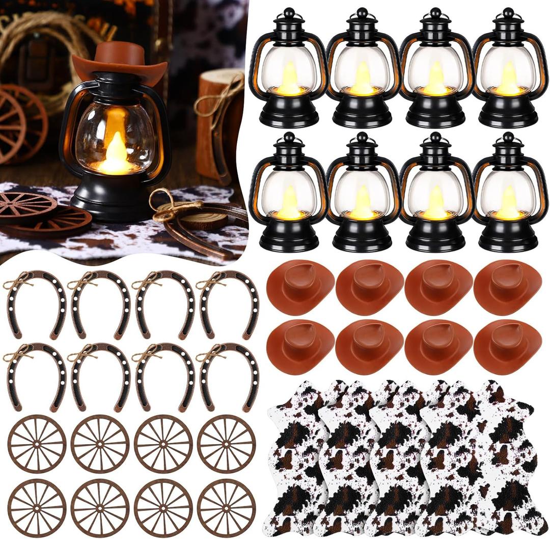 ROCEEI 72 Pcs Western Cowboy Ornament Western Theme Party Decorations 4" Mini Cowboy Hats Lantern Rodeo Table Centerpieces for Adults Cowgirl Country Farm Birthday Party Accessories