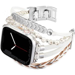 Bracelet Work for Apple Watch Bands 40mm 38mm 41mm Women, Boho Chic Leather Strap for Series 9 Apple Watch Bands with Silver Metal Buckle, Multilayer Wrap for iWatch Series 8 7 6 SE 5 4 3 Girl
