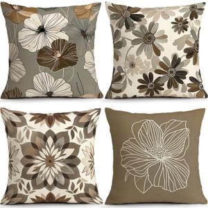 OBSEDE Neutral Boho Floral Throw Pillow Covers 18x18 Set of 4, Farmhouse Decor for Home Couch Sofa Living Room, Rustic Floral Decorative Cushion Cases