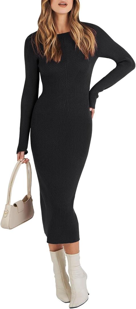 ANRABESS Women Long Sleeve Sweater Dress Crewneck Bodycon Stretch Slim Fit Ribbed Knit Midi Dresses 2025 Fall Trendy Outfits Black Small (Black, S)