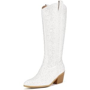 IDIFU IN3 Rhinestone Cowboy Boots For Women Knee High Western Cowgirl Boots Pointed Toe Block Chunky Heels Sparkly Glitter Long Tall Dress Booties Party Bling Shiny Boots, Size 8