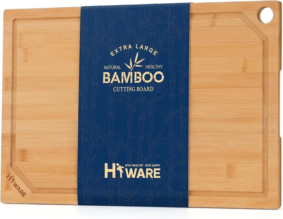 Hiware Extra Large Bamboo Cutting Board for Kitchen, Heavy Duty Wood Cutting Board with Juice Groove, 100% Organic Bamboo, Pre Oiled, 18" x 12" (Natural)