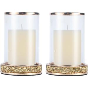 Pillar Candle Holders Set of 2,Hurricane Candle Holders,Candlesticks Holder With Glass Hurricane Lid,Metal Candle Holder For Coffee Dining Table, Wedding, Christmas, Home Decoration,Gold Candle Holder