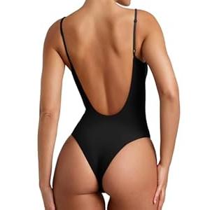REORIA Womens Summer Sexy Open Back V Neck Spaghetti Strap Cami Double Lined Backless Trendy Thong Bodysuit Top Black Small