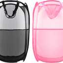 Collapsible Pop Up Laundry Hamper, Extra Large Mesh Foldable Laundry Basket Bag, 28" x 16" x 16", 2 Pack (Black + Pink)