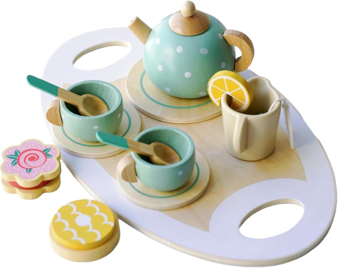Wooden Tea Party Set for Little Girls Toys, Pretend Play Kids Tea Set for Toddlers Wood Toys, Wooden Play Food Kitchen Accessories Sets for Kid