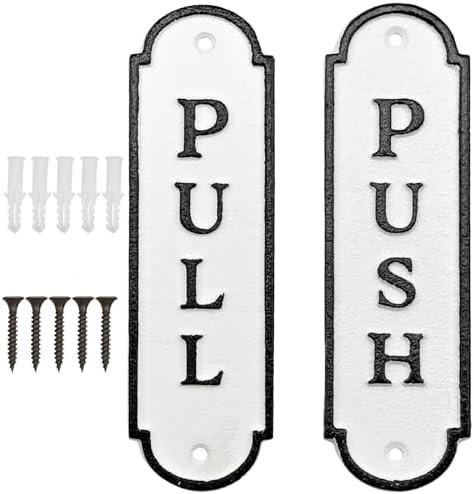 AuldHome Design Push Pull Door Signs (Set of 2); Cast Iron Farmhouse Style Vertical Signs for Home and Business