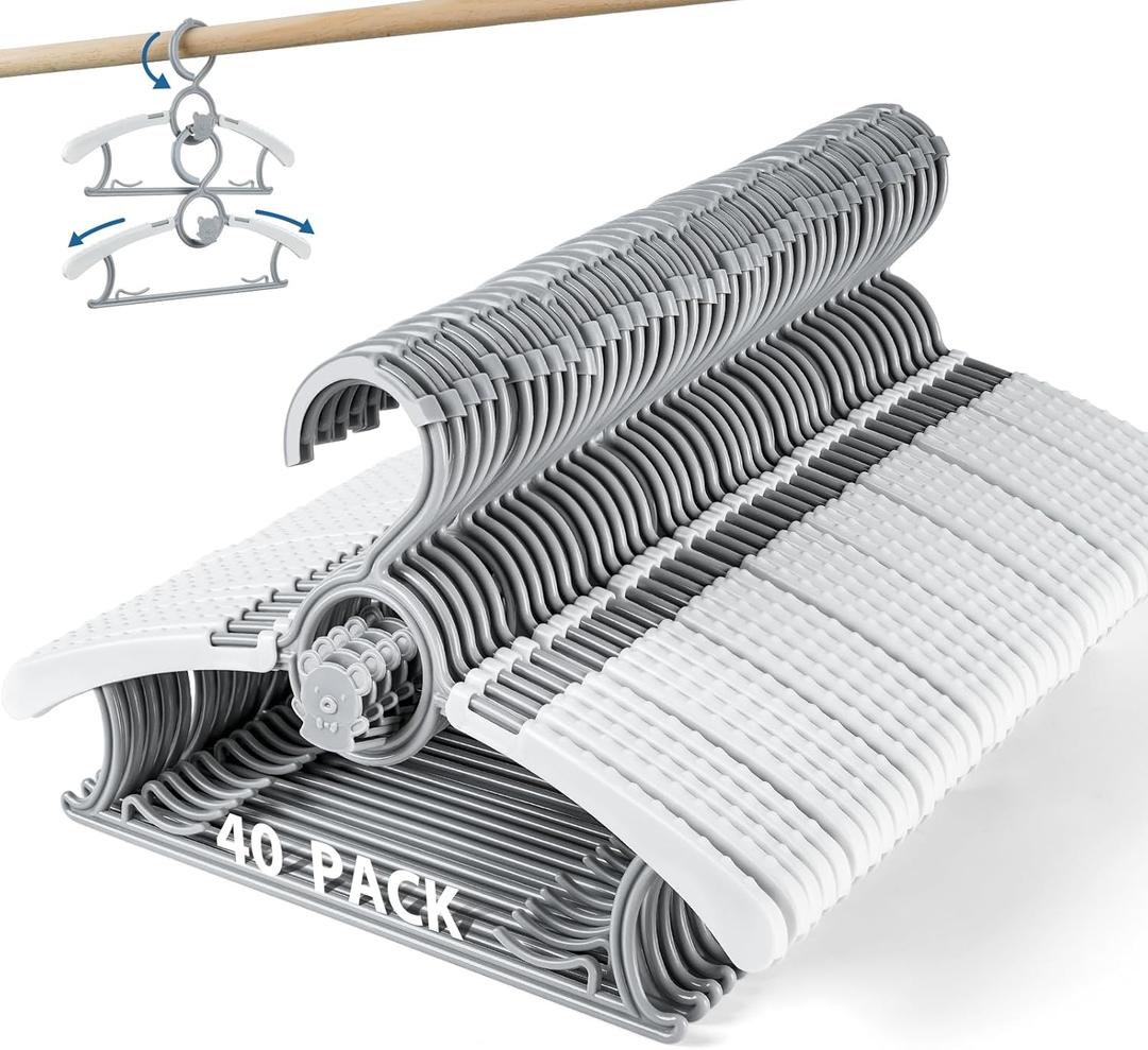 Kids Hangers - 40 Pack Extendable & Adjustable Non-Slip Stackable Plastic Baby & Toddler Hangers, 11-14 Inch, Grey (40 PCS, Gray)