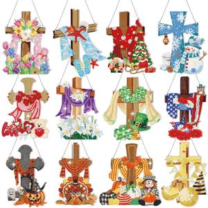 Cinnvoice 12 Pcs Seasonal Diamond Art Wreath Kits Holiday 5d DIY Diamond Painting Signs Germ Hanging Art Ornaments for Wall Door Decorations (Cross)