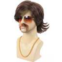 Bettecos 70s 80s Costume Wigs for Men with Mustache Glasses and Chain Short Brown Shaggy Disco Wig for Rocker Singer Hippie Retro Cosplay Halloween Party