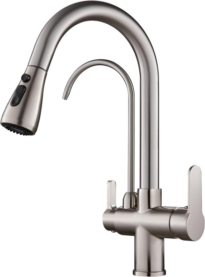 3 Way Kitchen Sink Faucet with Drinking Water Faucet, 2 Handle 3 in 1 Pull Down Kitchen Faucet with Water Filter Purifier Faucets (Brushed Nickel)