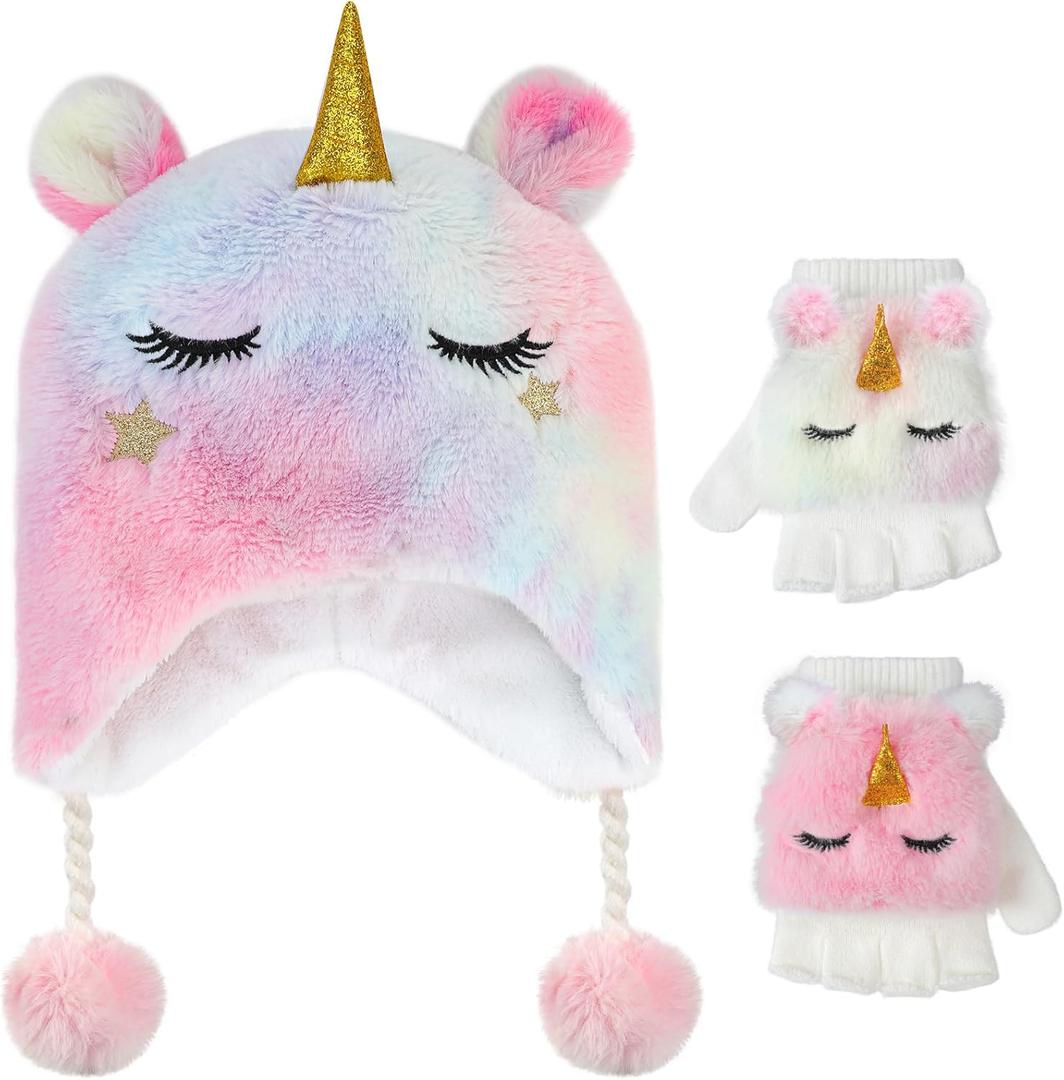 Unicorn Winter Hats and Gloves for Girls, Cute Fluffy Girls Earflap Beanie with Winter Mitten for Kids (Multicoloured)
