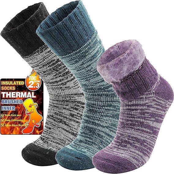 Welwoos Heated Thermal Socks for Women & Men Warm Thick Winter Ski Boot Insulated Stocking Stuffers Gift Socks 3 Pairs (Purple/Green/Grey, L)