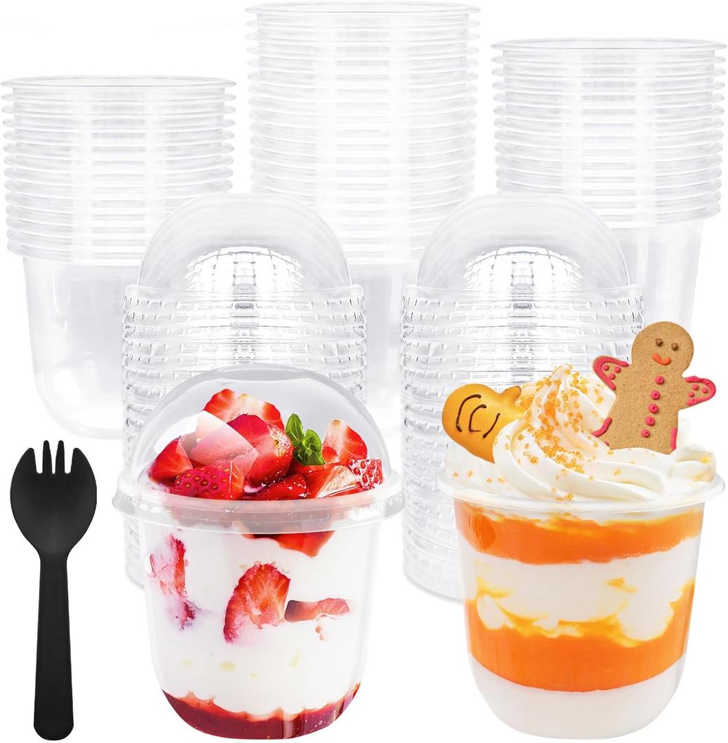 Panxxsen 100 Pack 12 oz Clear Plastic Cups with Dome Lids,Parfait Yogurt Cups with Spoons,No Hole Plastic Cup with Lids for Dessert,Yogurt,Ice Cream,Cupcake,Fruits (EXP 08/27/26)
