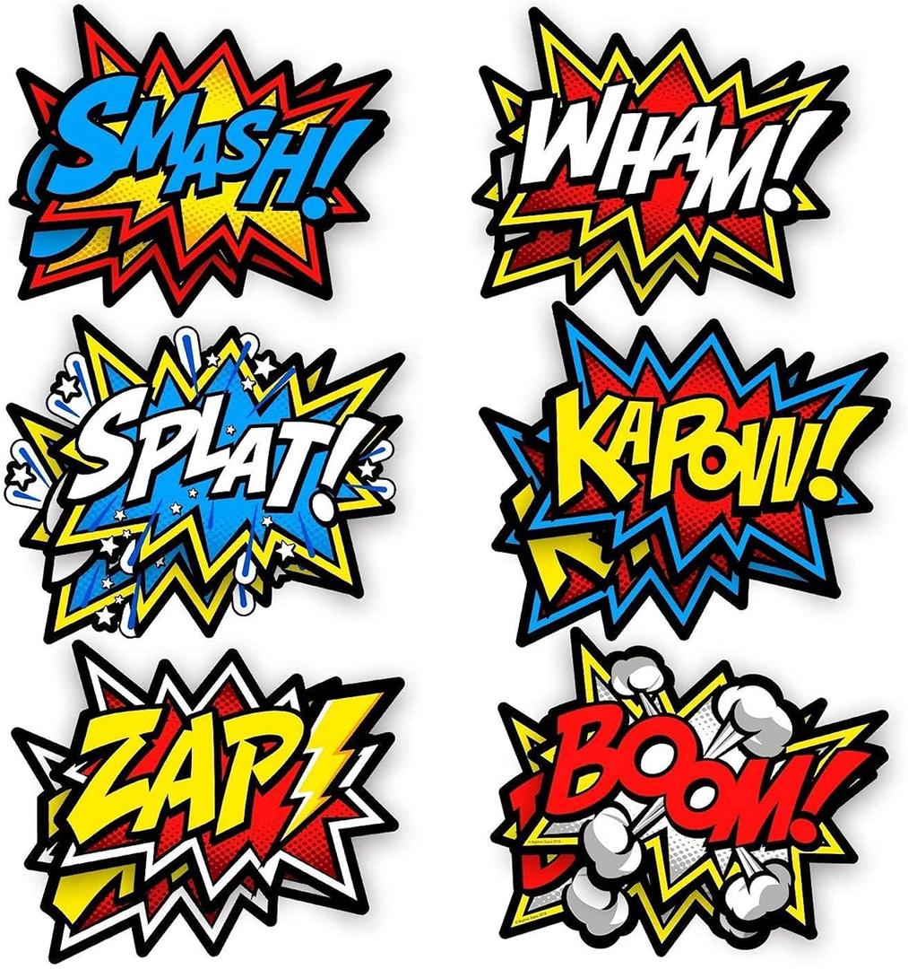 Bigtime Signs 12 Pieces Super Hero Stickers - Superhero Party Decorations for Birthday - Superhero Themed Party Favors - 12"x16" Sound Effect Signs for Kids - Boom Pow Sign and Decorations