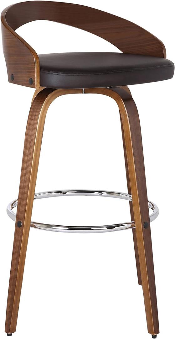 Armen Living Sonia 26" Seat Height Mid Century Modern Swivel Bar Stool for Kitchen Island Counter in Brown Faux Leather and Walnut Wood