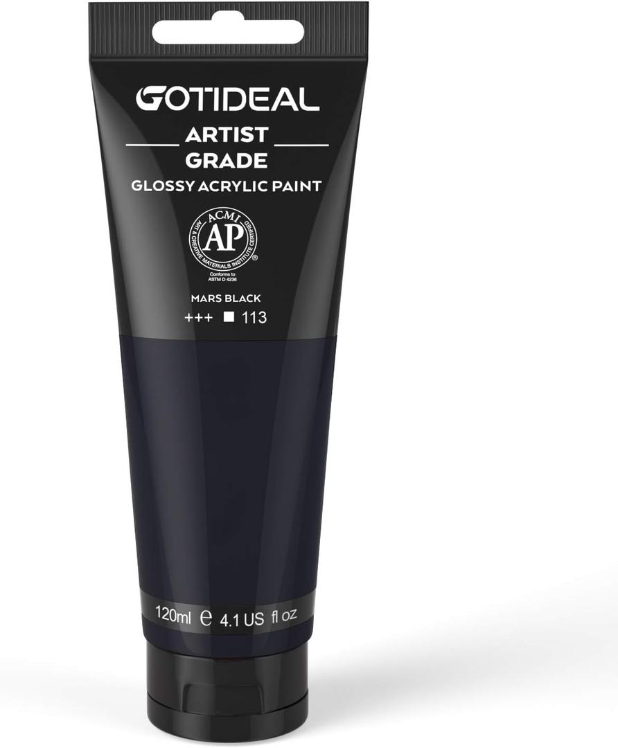 GOTIDEAL Acrylic Paint Mars Black Tubes (120ml, 4.1 oz) Non Toxic Non Fading, Rich Pigments for Painters, Adults & Kids, Ideal for Canvas Wood Clay Fabric Ceramic Craft Supplies (Mars Black)-Glossy