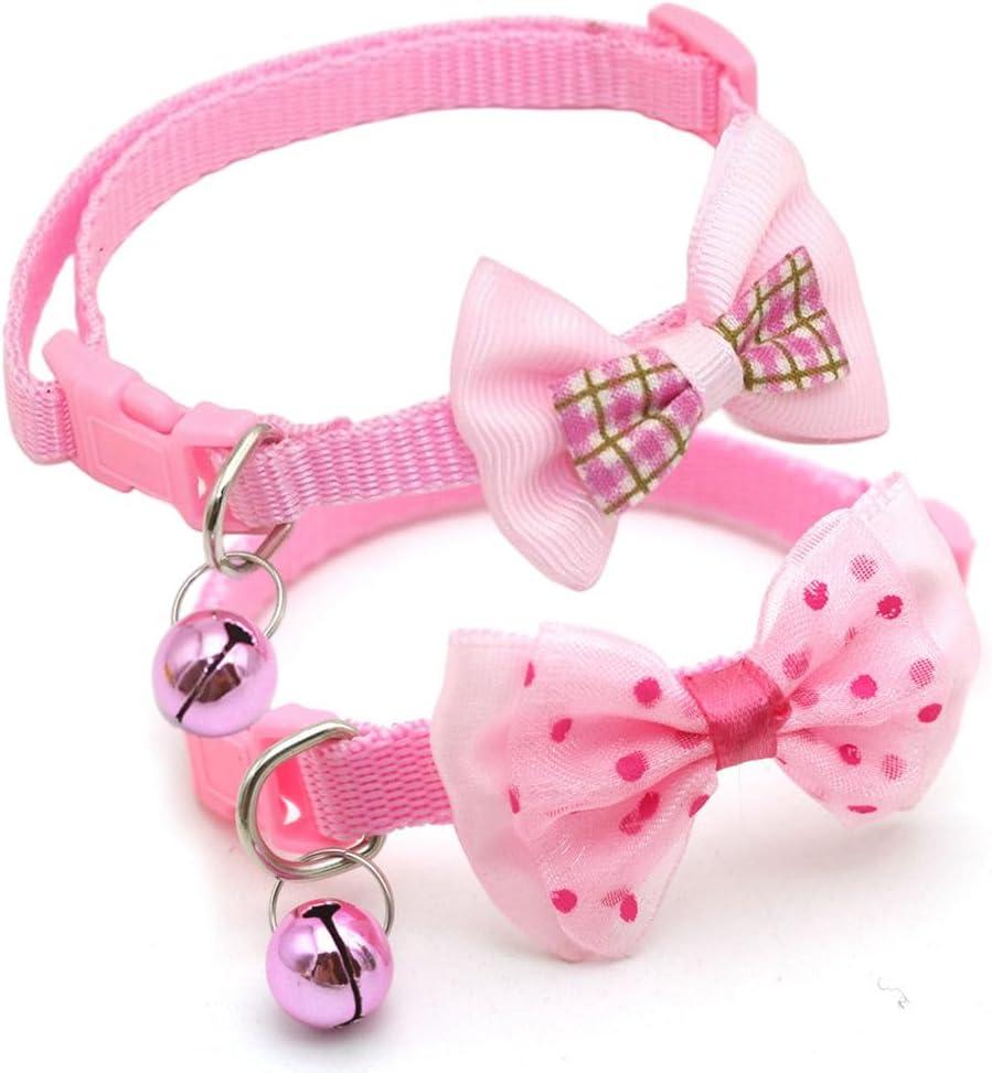 Pink Puppy Collar with Bell & Bow, 2-Pack Bowtie Cat Collar with Bells, Tiny Female Dog Collar for XXS Xs Small Pet Girl Dogs Kitten