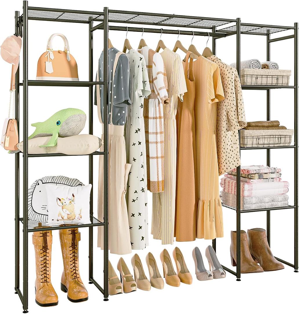 Neprock Portable Closet Wardrobe, Metal Clothing Rack with 8 Shelves & 1 Hang Rod, Free Standing Closet Rack for Hanging Clothes Closet Organizers and Storage, 63"*63"*12", Black