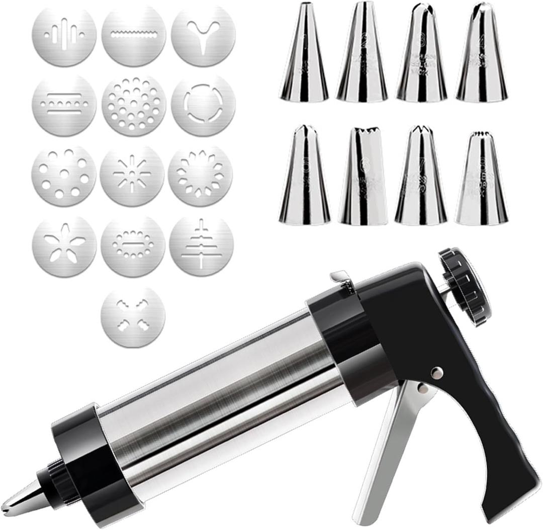 FANTEXY Stainless Steel Spritz Cookie Press Set, 13 Cookie Discs and 8 Piping Tips for Baking and Decorating