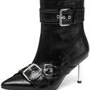 NEWBELLA Women's Faux Leather Ankle Boots - Fashion Stiletto Heel Short Boots with Metal Buckle Decoration, Edgy Chic Booties for Night Out & Parties, Black 7.5