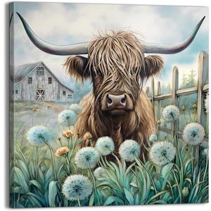 YUEYARIT Farmhouse Highland Cow Wall Decor in Teal and Brown: Rustic Cow and Dandelion picture Canvas Art Print, Gift for Bathroom or Kitchen, Ideal Animal Artwork for Living Room