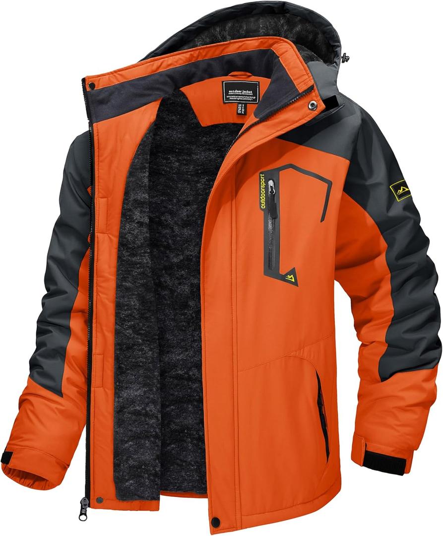 TACVASEN Men's Winter Skiing Jackets Water Resistant Fleece Coats Insulated Thermal Snowboard Jacket Parka Raincoat with Hood (Large, #215 Orange Gray)