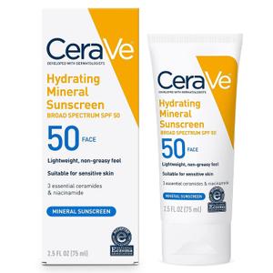 CeraVe 100% Mineral Sunscreen SPF 50, Face sunscreen With Zinc Oxide & Titanium Dioxide, Hyaluronic Acid + Niacinamide + Ceramides, Oil Free, Travel Size 2.5 oz Best By: 10/2027