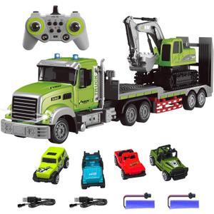 Fistone RC Semi-Trailer Truck & Excavator Toy Set, 1:12 Scale with Sound and Lights, 2.4Ghz Remote Control Flatbed Truck and Excavator Toys for Boys 6-12 Years Old, 23.6 x 4.3 x 7.8 inches