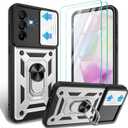 for Samsung Galaxy A36 Case with Slide Camera Cover & HD Screen Protector2,360Rotation Ring Kickstand Military Grade,Silver