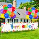 VitalCozy Large Colorful Happy Birthday Yard Banner Sign with Balloons 118 x 19.7 Inches Happy Birthday Yard Party Backdrop Banner for Outdoor Indoor Party Decorations with 2 Roll Ribbon(White)