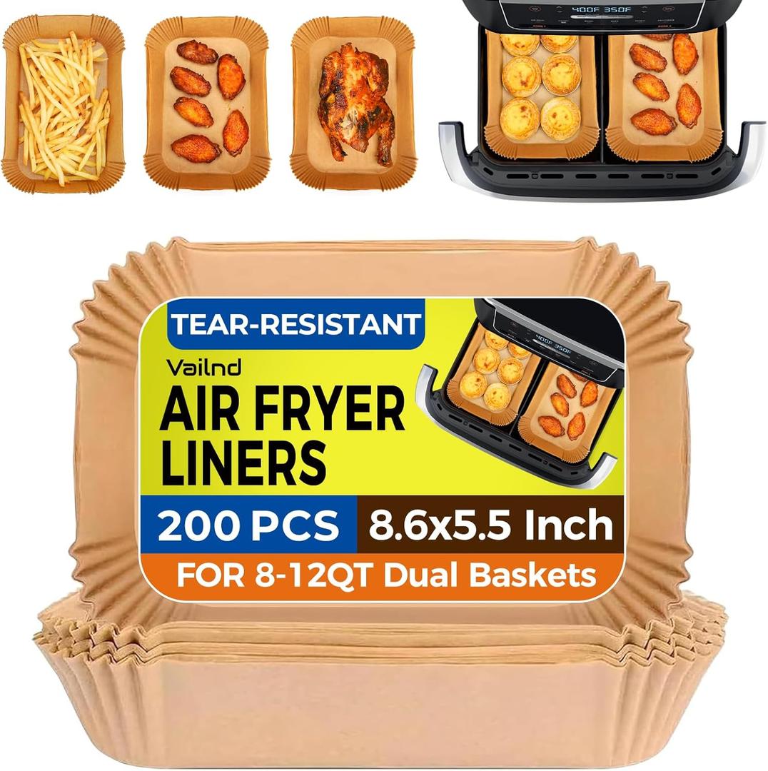 Air Fryer Liners Disposable for Dual Baskets, 200Pcs Rectangle Parchment Paper Liner for Ninja DZ201 DZ401, Chefman/COSORI 2-Basket Air Fryer, Oil Proof Baking Paper by Vailnd (8.6 x 5.5 Inch)