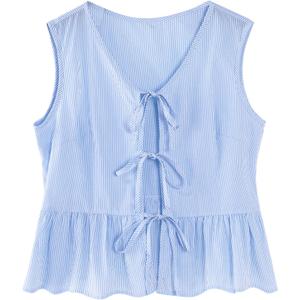 Avanova Tie Front Tops for Women Striped Peplum Tank Top V Neck Sleeveless Ruffle Hem Summer Blouse Blue Medium (Blue, M)