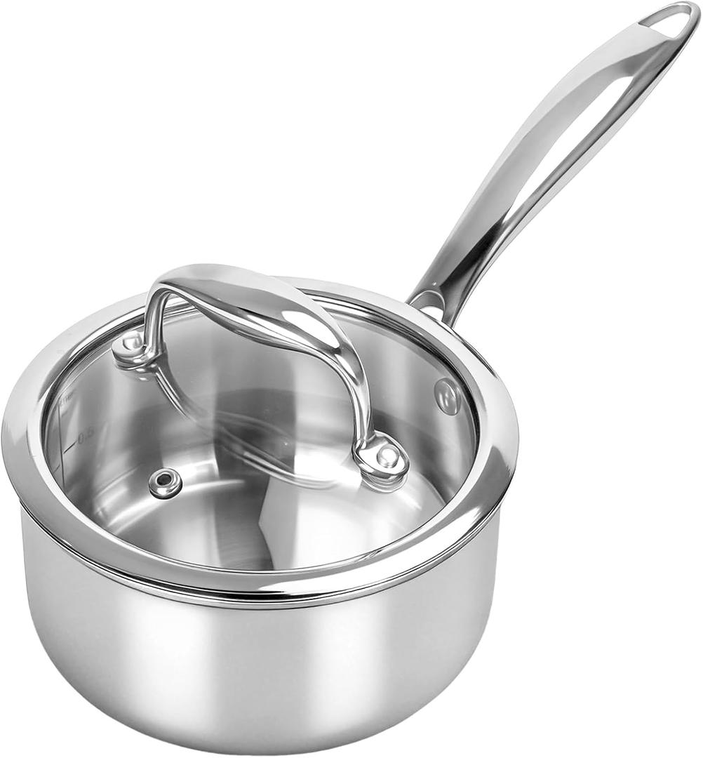 Macevia Sauce Pan with Glass Lid, 18/10 Stainless Steel Pot with Stay-Cool Handle, For All Stoves Multipurpose Use for Home Kitchen or Restaurant1 Quart- Silver