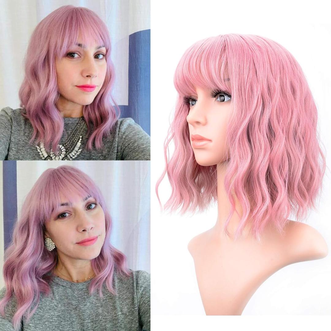 VCKOVCKO Pastel Wavy Wig With Air Bangs Women's Short Bob Purple Pink Wigs Curly Wavy Shoulder Length Pastel Synthetic Bob Wig for White Women Girls Daily Use Colorful Wigs(12", Purple Pink)