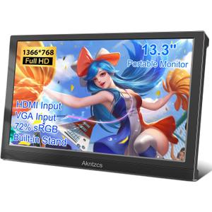 Portable Monitor 13.3 Inch HD 1366 * 768 External Laptop Monitor HDMI Travel Monitor for Computer/PS3/PC/Switch, Built-in Speakers & Kickstand