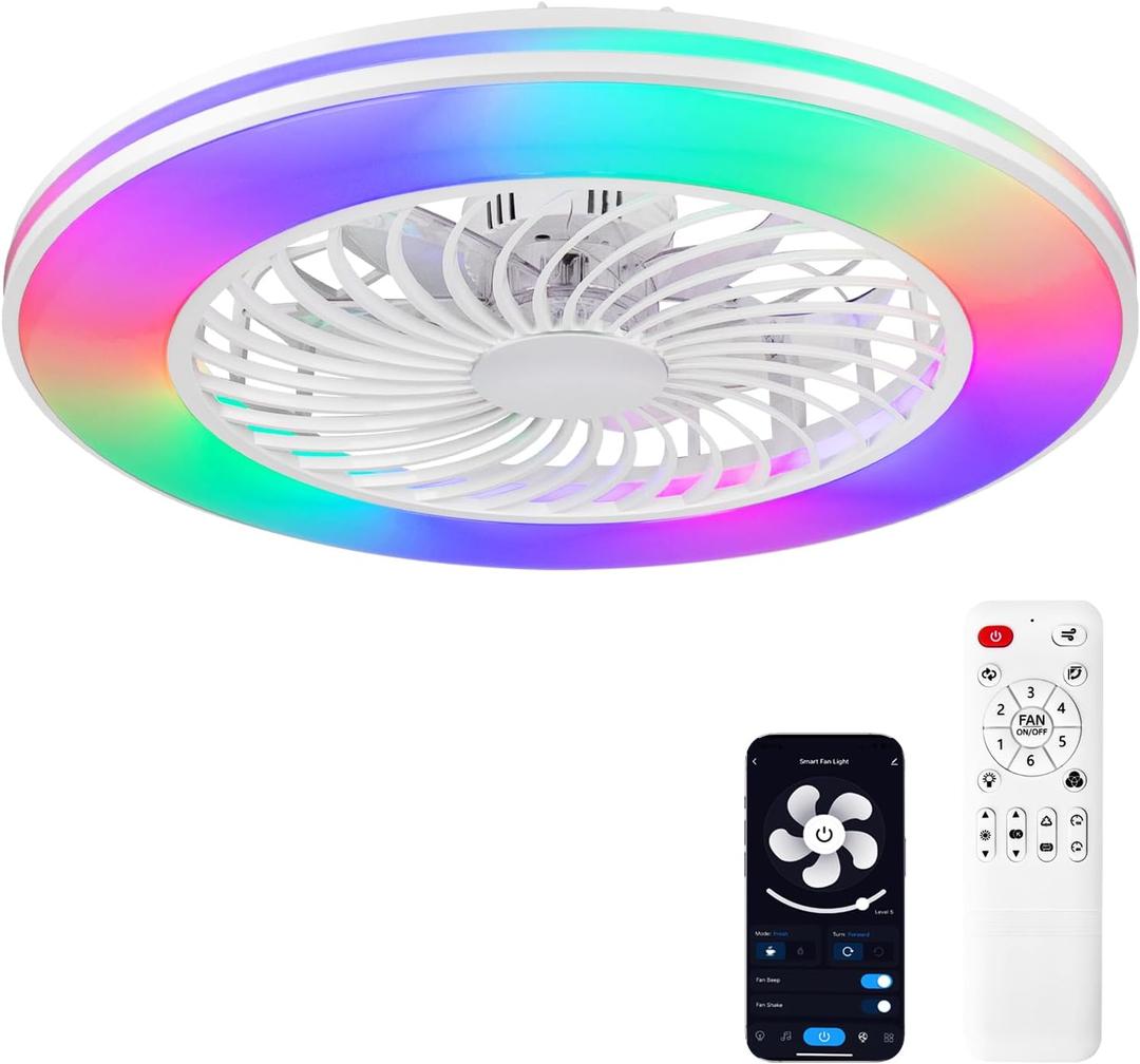 2-in-1 Low Profile Ceiling Fan with Light, 24” Caged Safety Design for Kids - RGB Color, Smart APP/Remote Control, Quiet Flush Mount DC Motor, Ideal for Bedroom/Living Room/Kitchen, White
