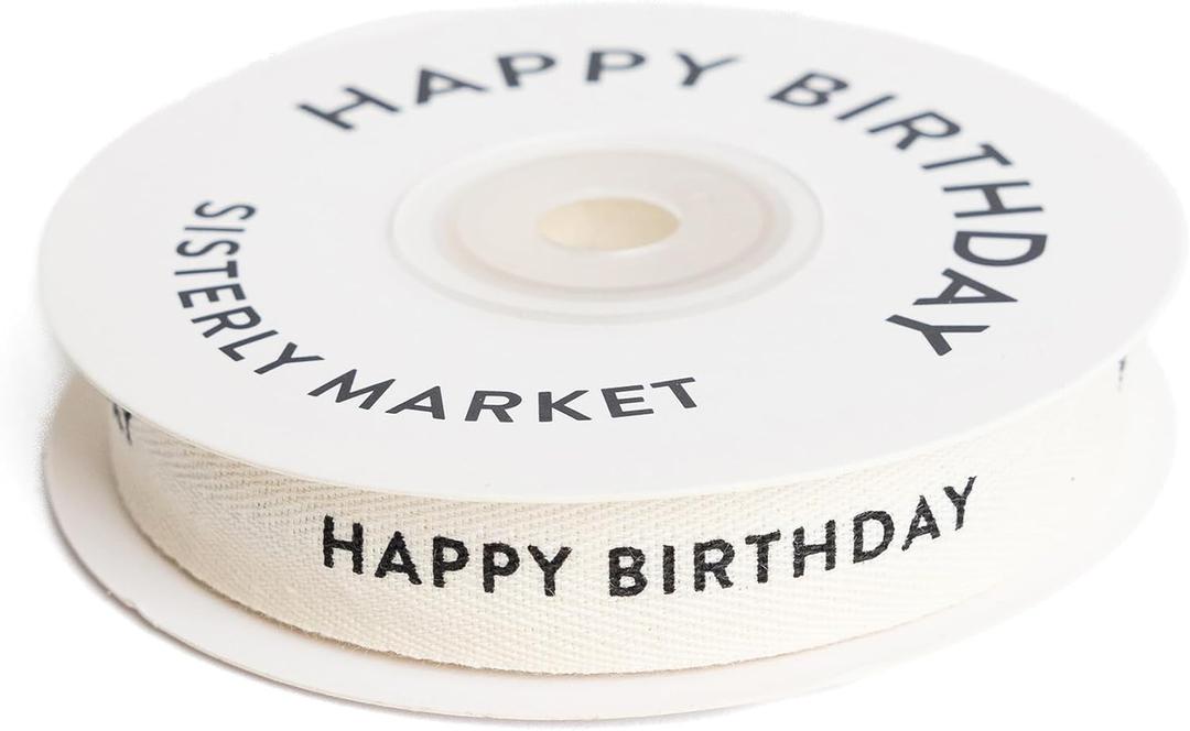 Custom Herringbone Cotton Ribbon, Natural 5/8 Inch Gift Ribbon with Happy Birthday Printed Phrase, 10 Yards