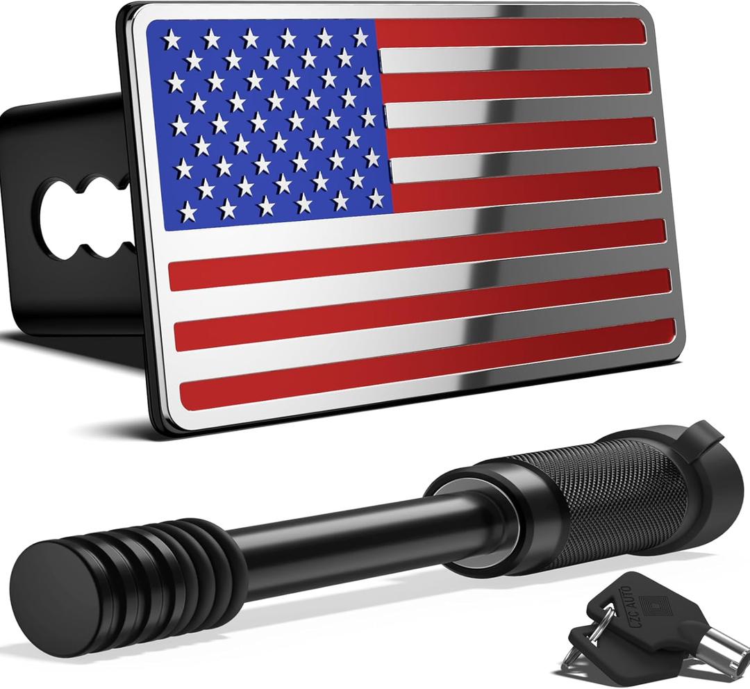 OGYE 2 Inch Trailer Hitch Cover with American Flag, Heavy Metal Trailer Hitch Cover Fit for 2 Inch Hitch Receivers (with 5/8" Pin Dia Anti-Theft Trailer Hitch Lock),3 * 5" Blue/Red/Chrome