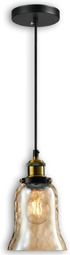 Modern Glass Pendant Light, 5.5"x6.3" Amber Ribbed Globe Light Fixture with Gold Cap, 15"-72" Adjustable Cord, E26 Socket for Dining or Lounge Areas Sunrise Glow Trumpet