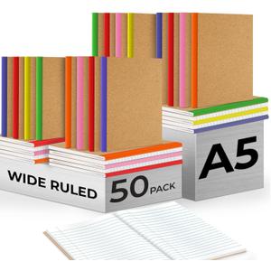 Rosmonde 50 Pack A5 Kraft Journal, Extra Pages - 120 Pages (60 Sheets), Long Lasting, Wide Ruled, 8 x 5.7 Kraft Notebook, Bulk Journal Notebook A5, Bulk Composition Notebooks, Bulk Notebook for School